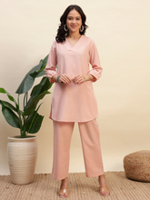 Onion Pink Cotton Flax Fabric Regular Fit V-Neck Co-Ord Set for Women